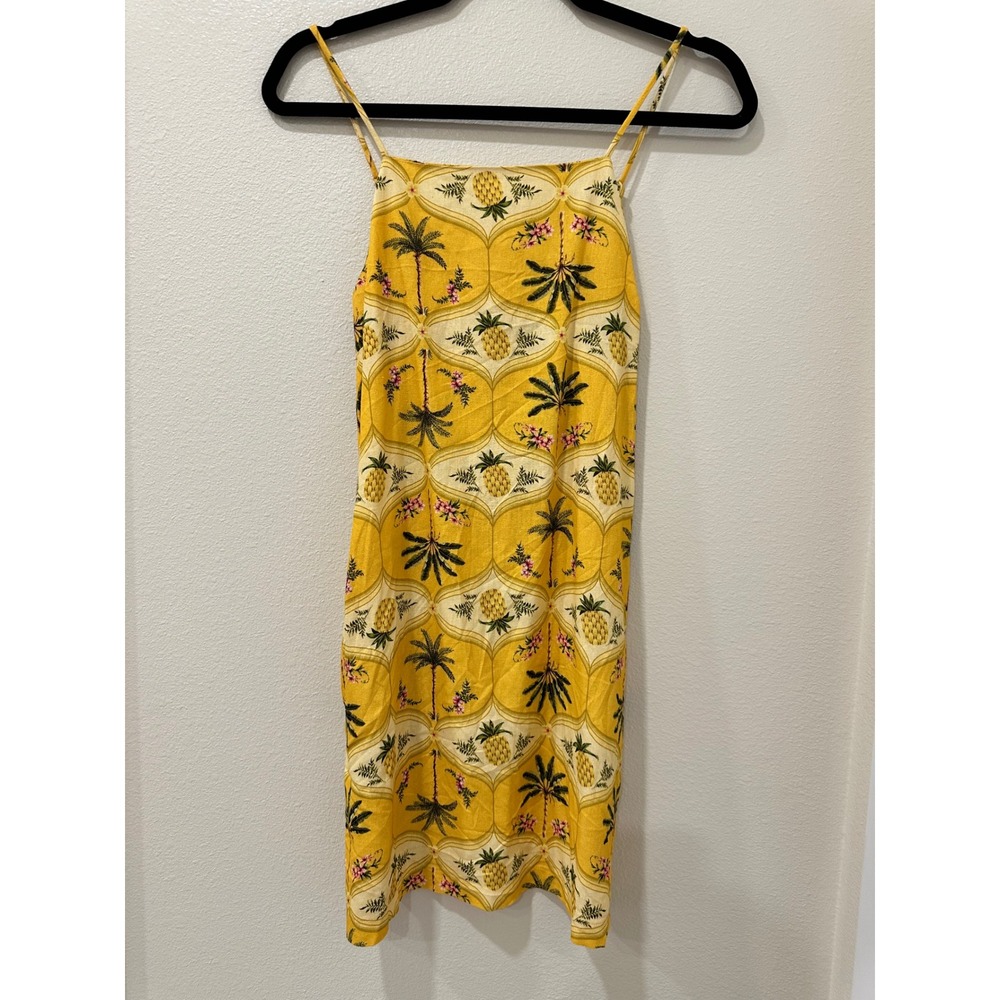 Monteau Los Angeles Yellow Tropical Pineapple Palm Tree Linen Blend Mini Dress S